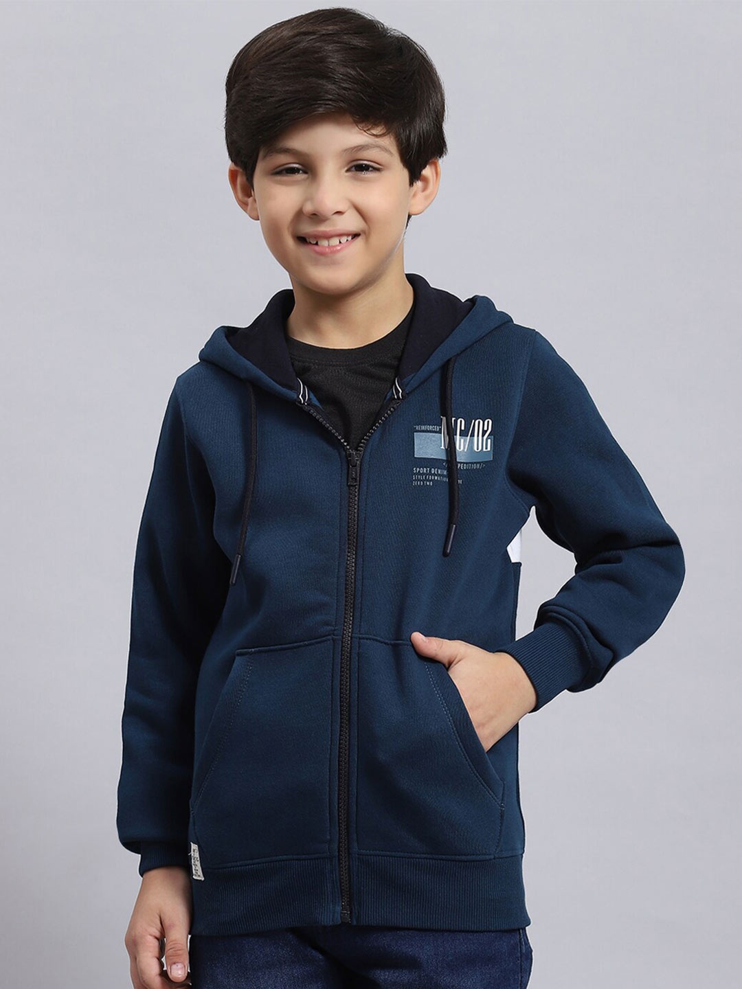 

Monte Carlo Boys Typography Printed Hooded Front Open Sweatshirt, Teal