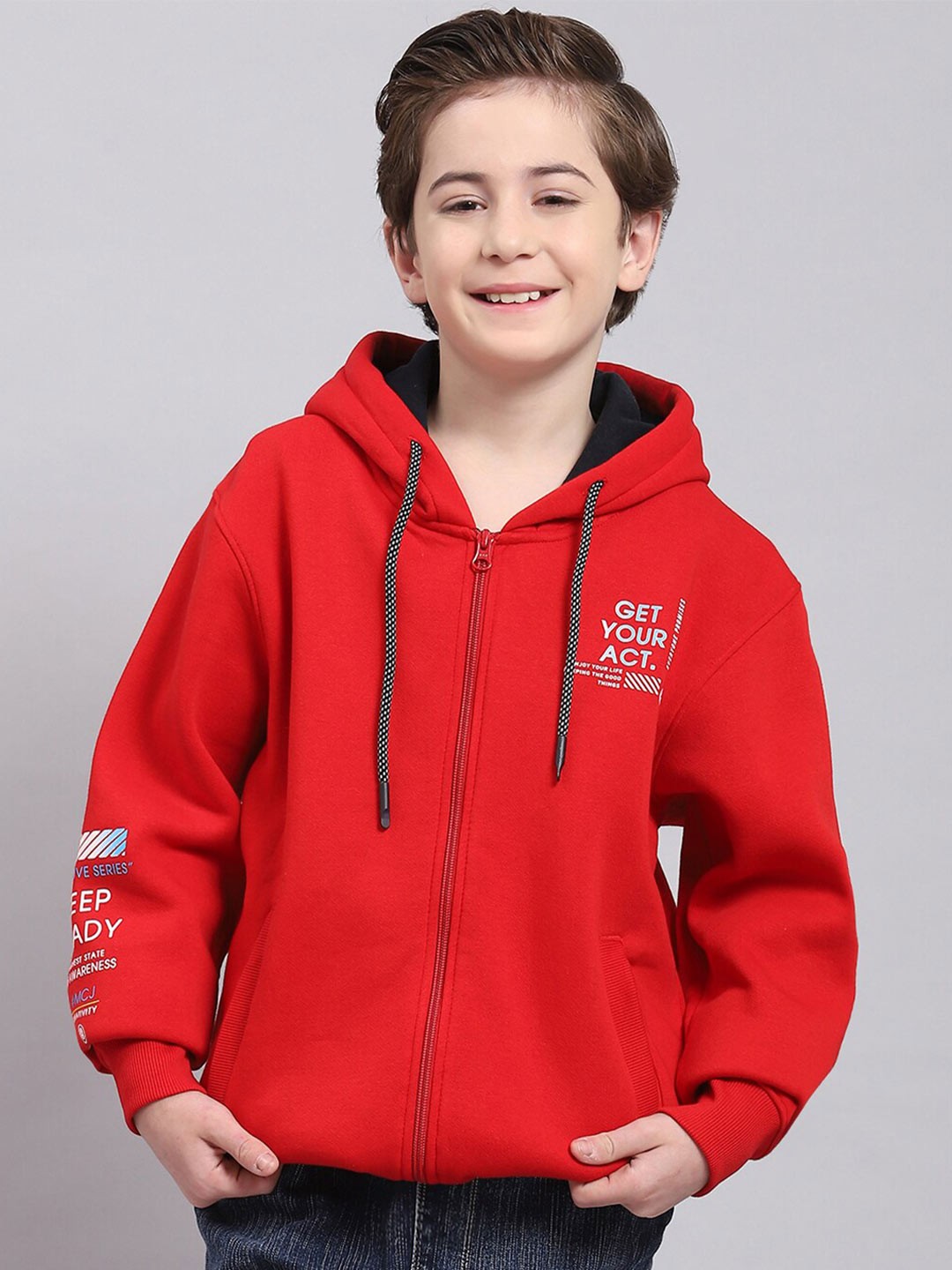 

Monte Carlo Boys Typography Printed Hooded Front Open Sweatshirt, Red