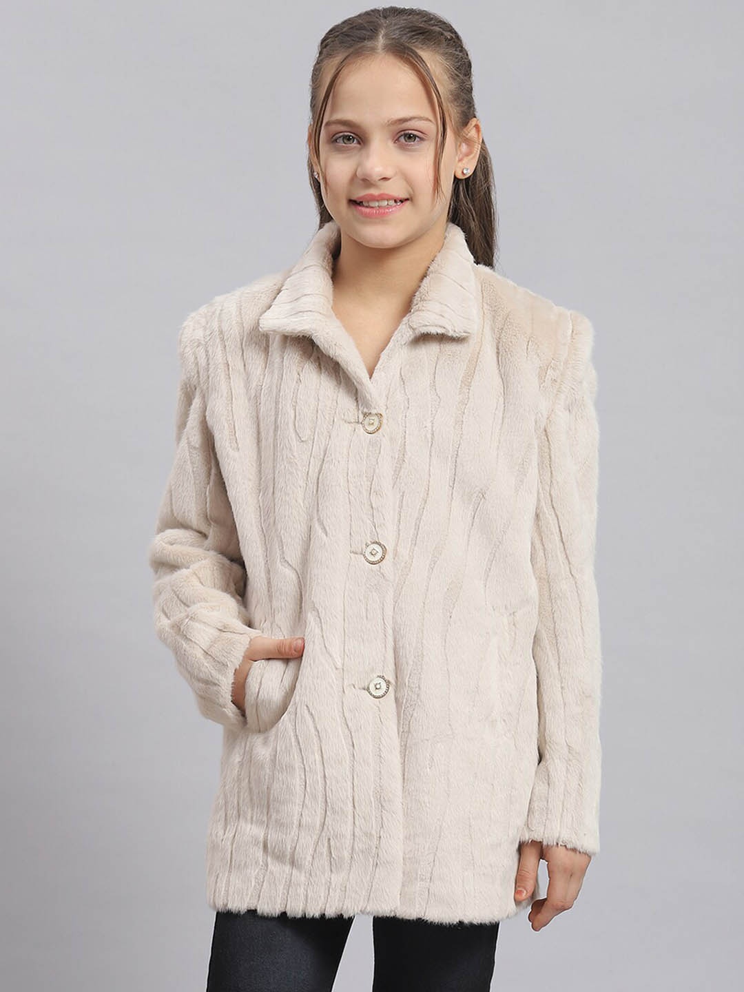 

Monte Carlo Girls Self Design Single-Breasted Longline Overcoat, Beige