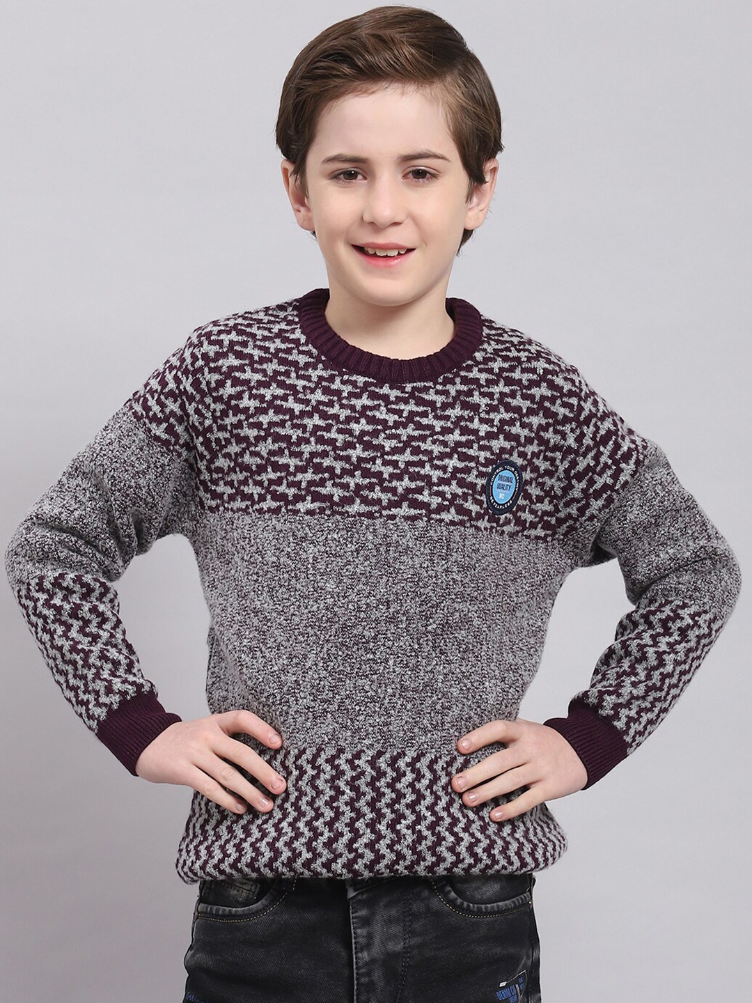 

Monte Carlo Boys Geometric Self Design Woollen Pullover, Grey