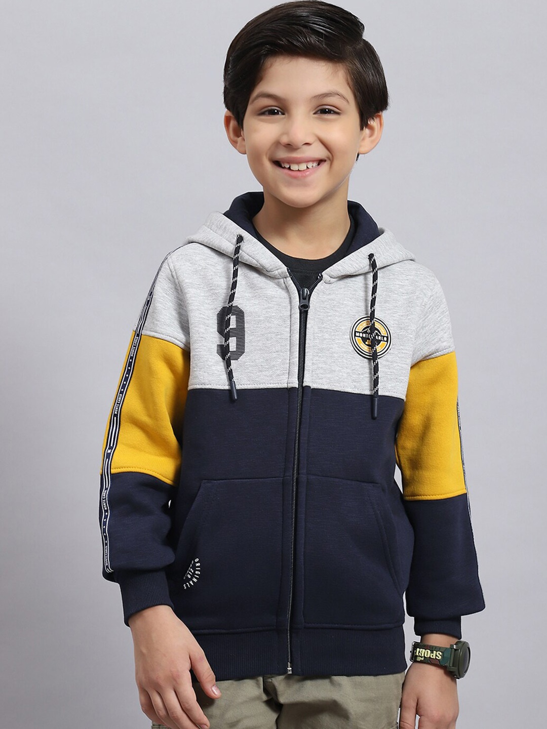 

Monte Carlo Boys Colourblocked Hooded Cotton Front-Open Sweatshirt, Navy blue