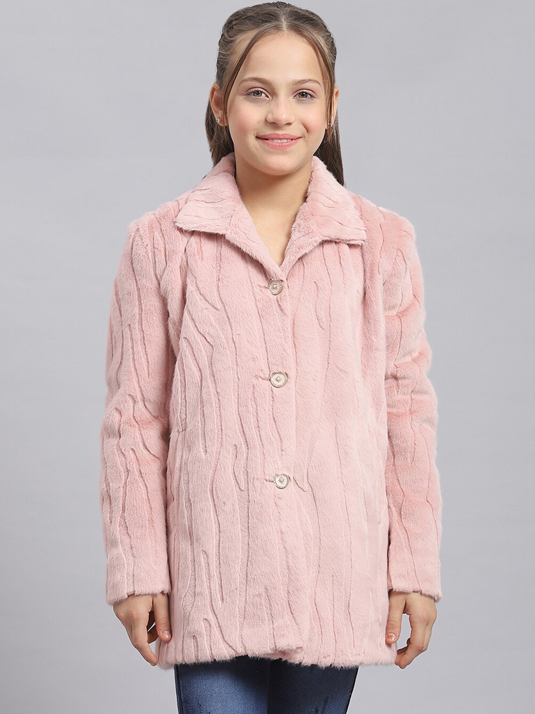 

Monte Carlo Girls Self Design Single-Breasted Longline Overcoat, Pink