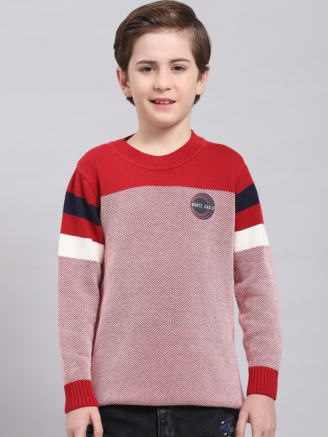 

Monte Carlo Boys Striped Self Design Pullover, Red