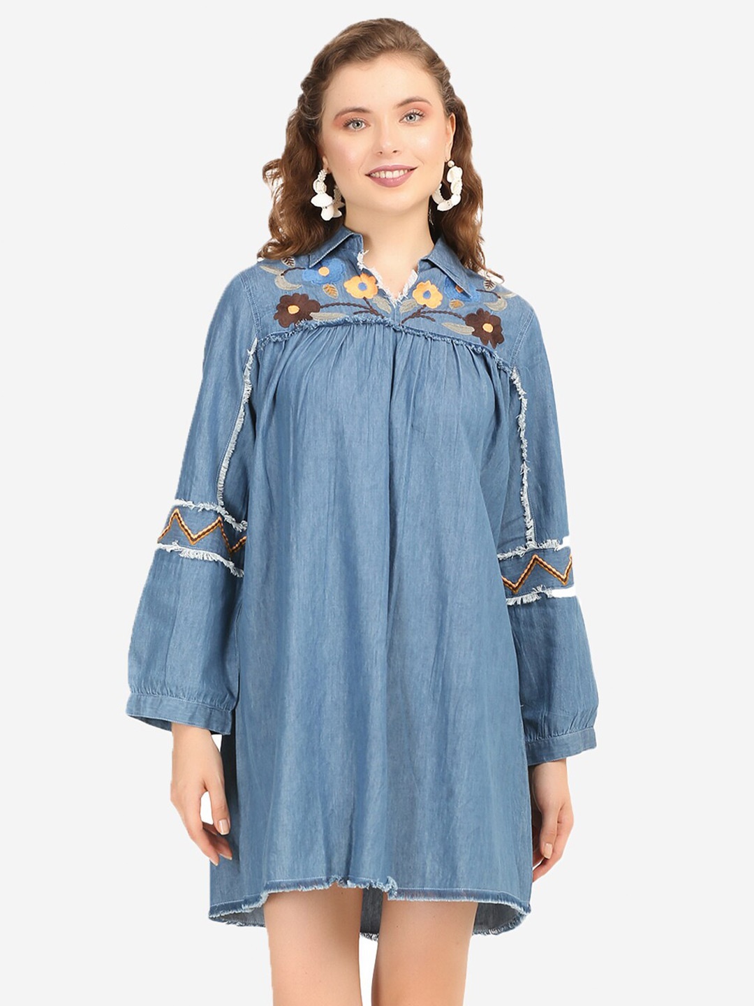 

SUMAVI-FASHION Floral Embroidered Organic Cotton Denim A-Line Dress, Blue