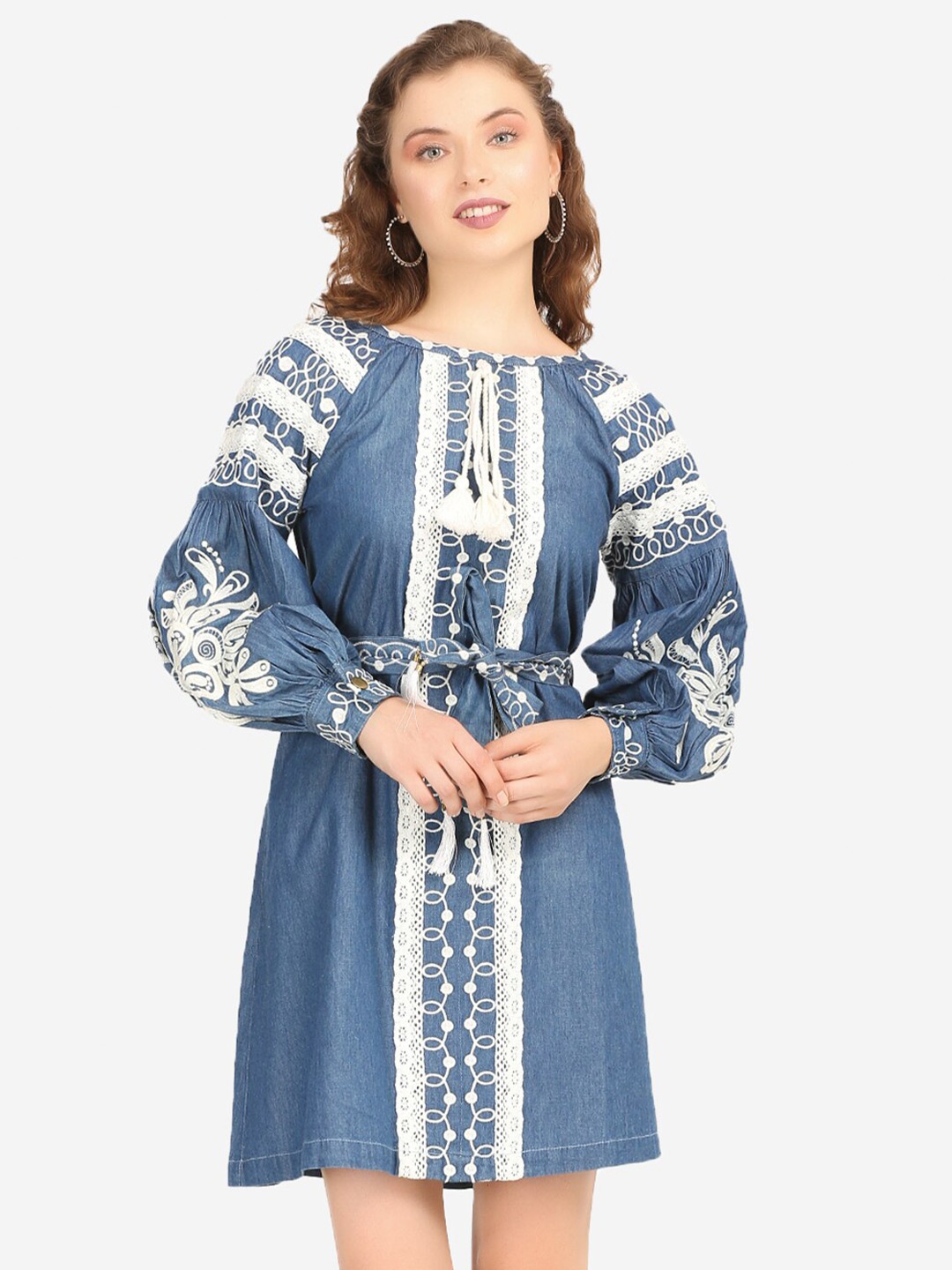 

SUMAVI-FASHION Floral Embroidered Tie-Up Neck Organic Cotton Denim Fit & Flare Dress, Blue