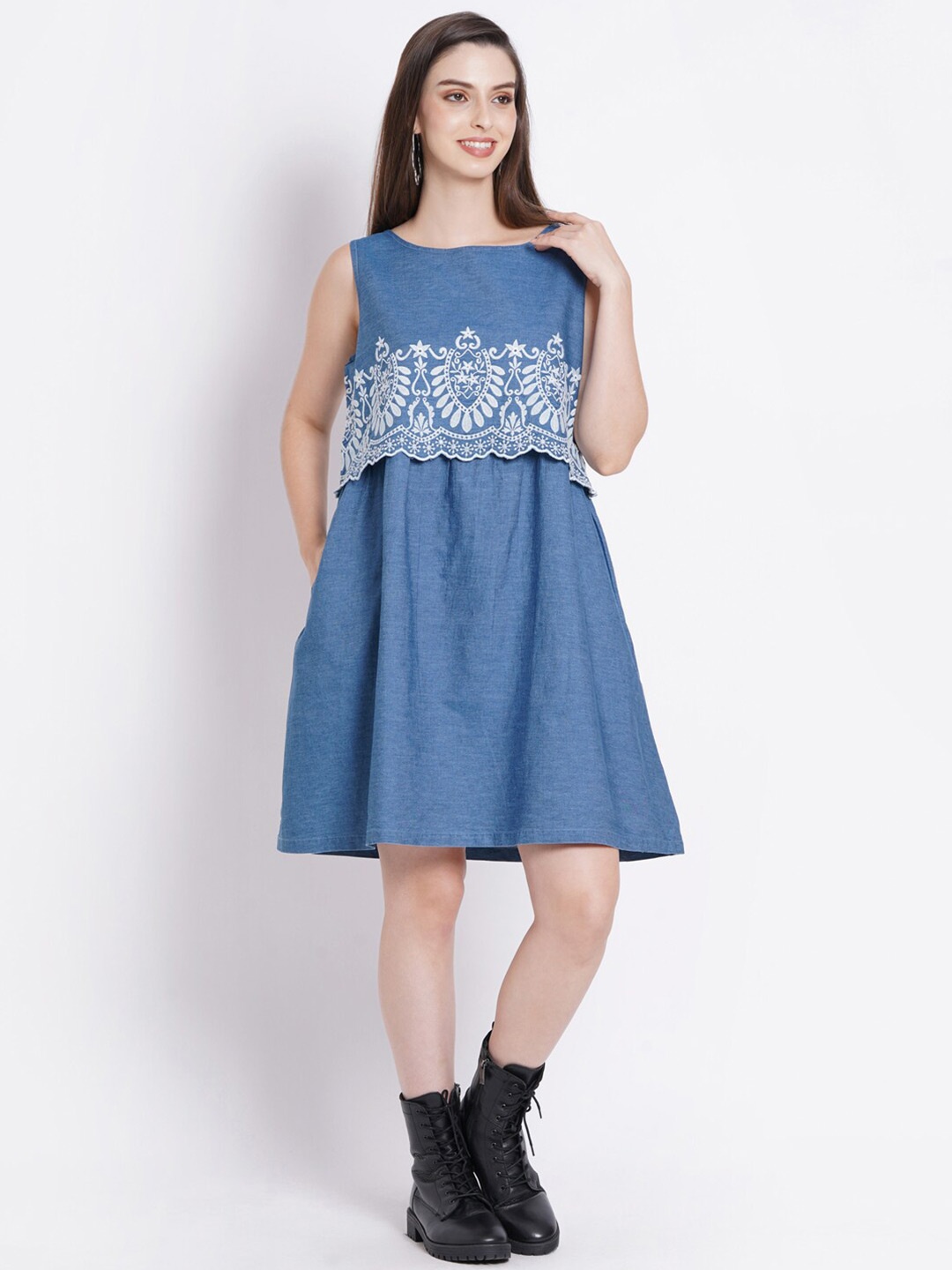 

SUMAVI-FASHION Ethnic Motifs Embroidered Cotton Denim Fit & Flare Dress, Blue