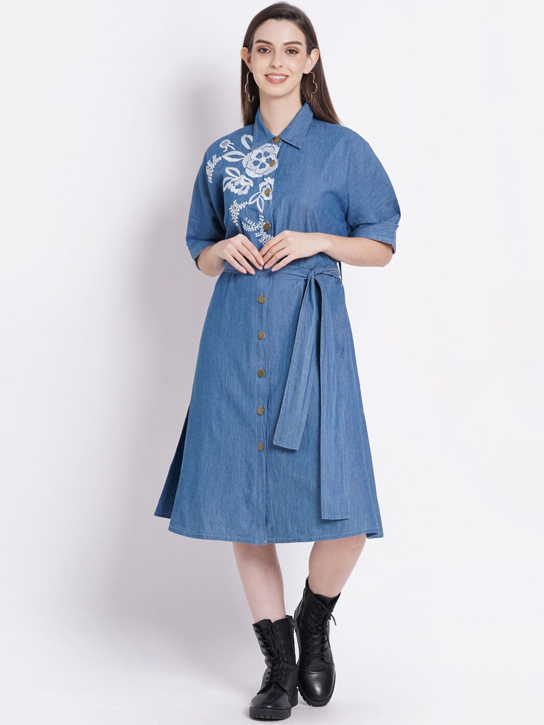 

SUMAVI-FASHION Floral Embroidered Shirt Collar Organic Cotton Denim Shirt Dress, Blue