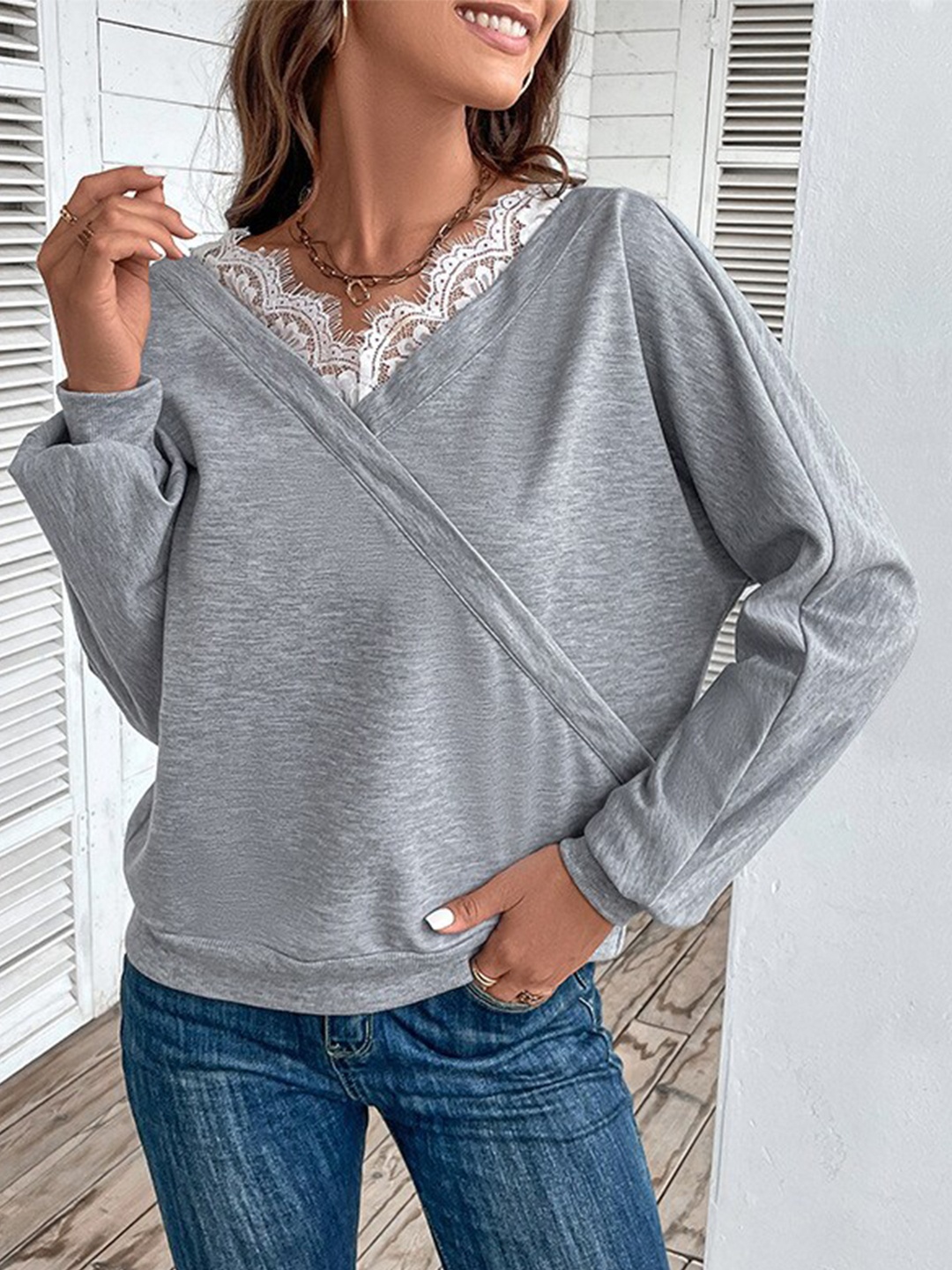 

StyleCast Grey Cuffed Sleeves Lace Insert Boxy Top