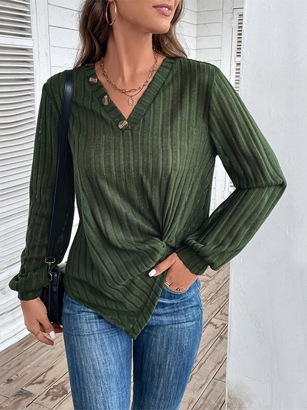 

StyleCast Green Vertical Stripes V-Neck Long Sleeves Regular Top