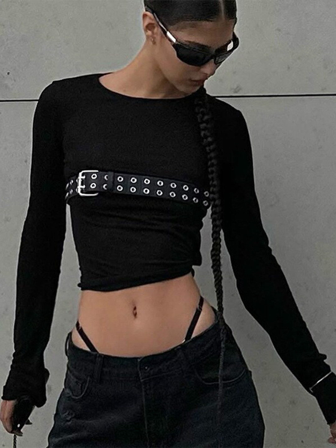 

StyleCast Black Cotton Crop Fitted Top With Belted Detail