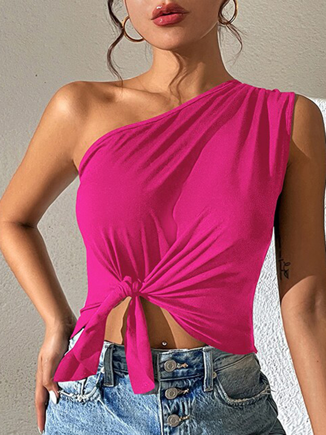 

StyleCast Fuchsia One Shoulder Tie-Up Detailed Crop Top