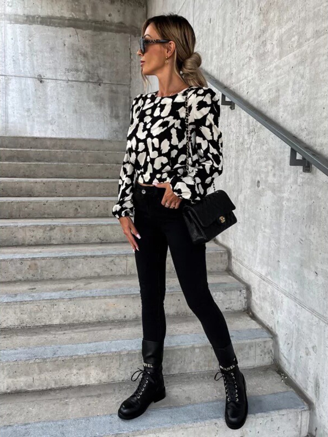 

StyleCast Black Abstract Printed Puffed Sleeves Satin Styled Back Top