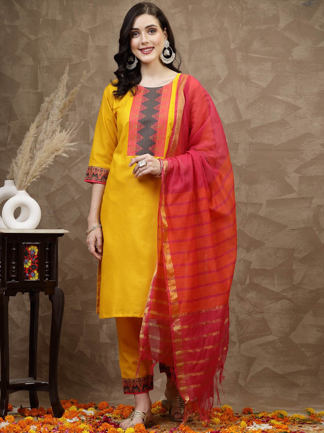 

KALINI Yoke Design Straight Kurta & Palazzos With Dupatta, Yellow