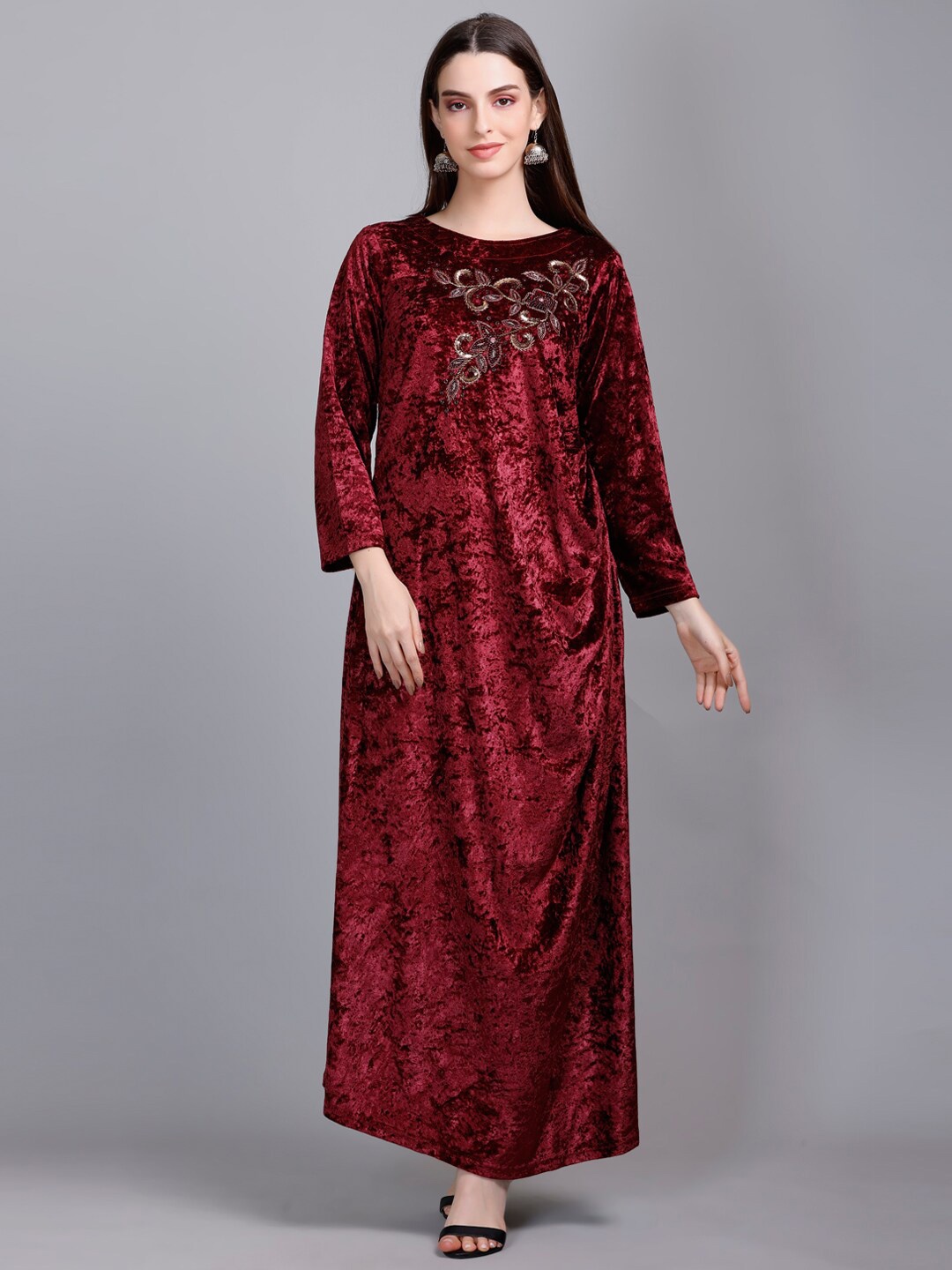

VELVTINE Floral Embellished Velvet A-Line Ethnic Dress, Maroon