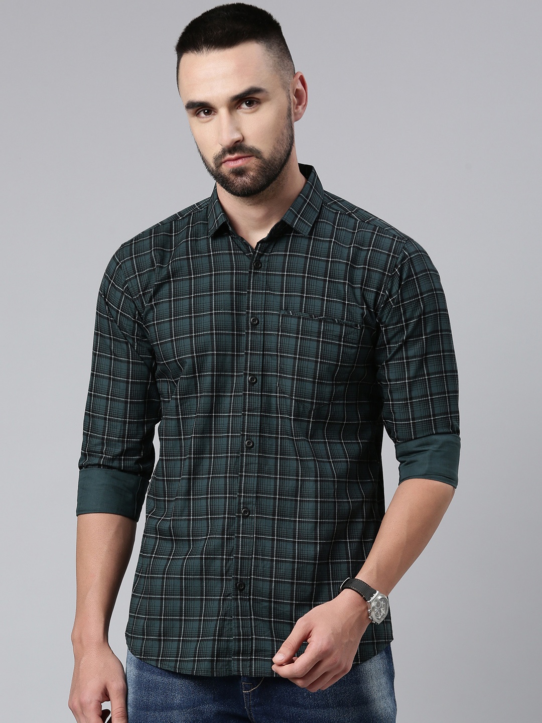 

Majestic Man Men Comfort Slim Fit Checked Pure Cotton Casual Shirt, Teal