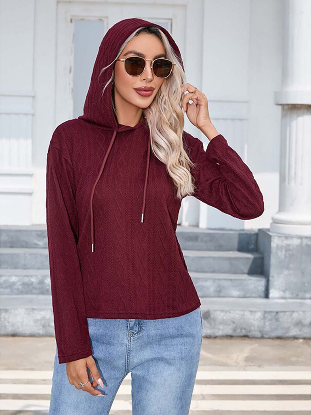 

StyleCast Maroon Hooded Cable Knit Pullover