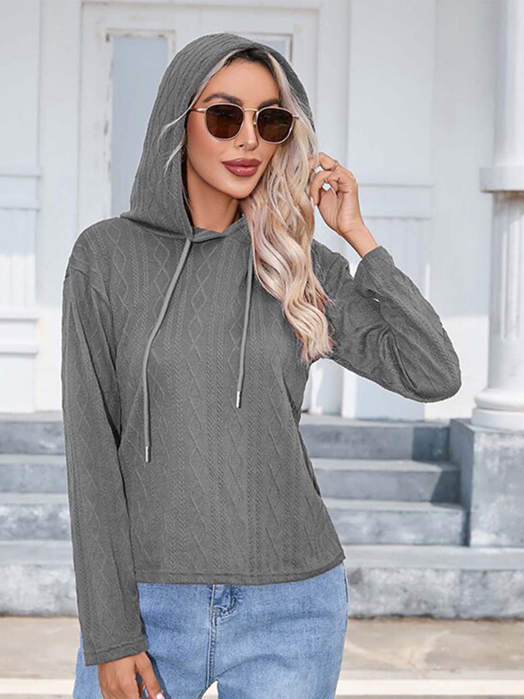 

StyleCast Cable Knit Hooded Pullover, Grey