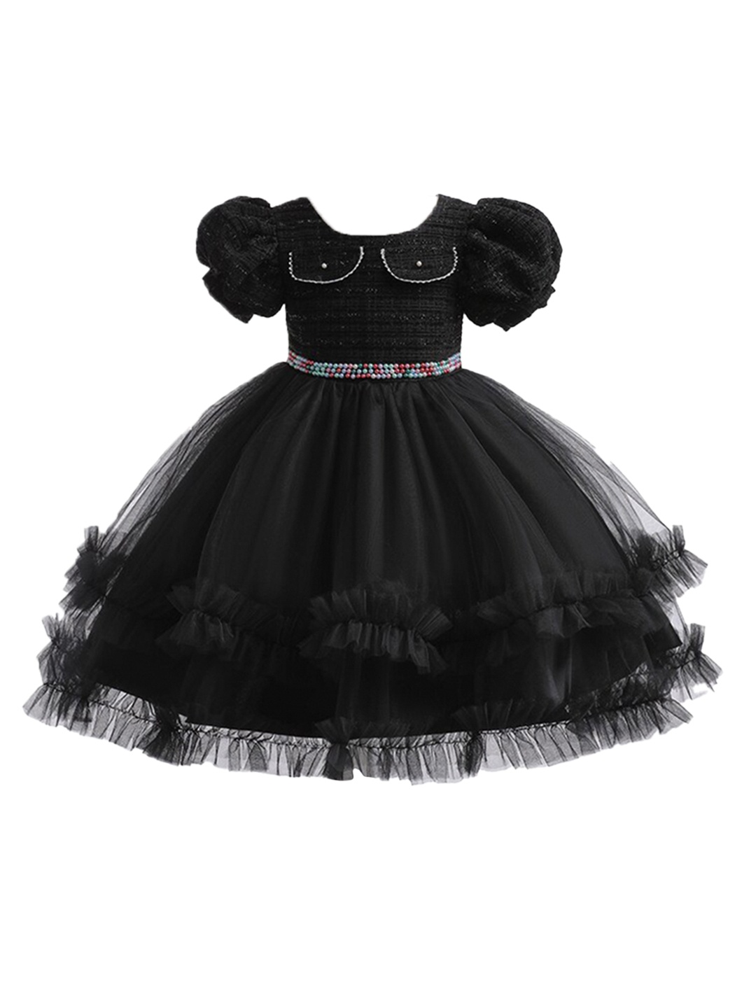 

StyleCast Black & vampire black Embellished Puff Sleeve Ruffled Fit & Flare Dress