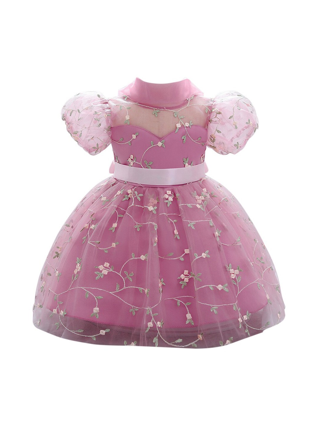 

StyleCast Pink & heather rose Floral Embroidered Puff Sleeve Applique Fit & Flare Dress