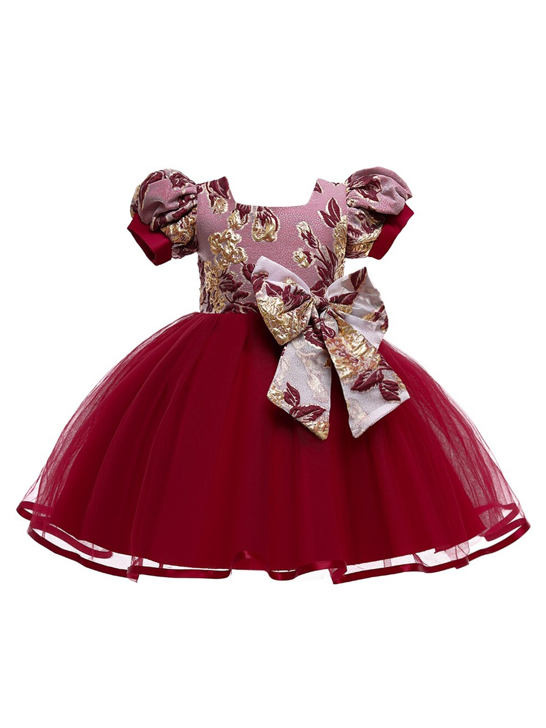 

StyleCast Maroon & Beige Floral Print Puff Sleeve Fit & Flare Dress