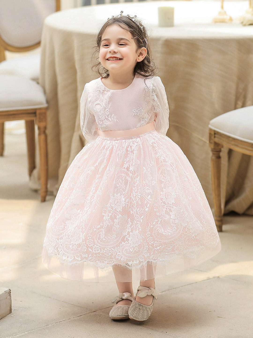 

StyleCast Girls Pink Self Design Gathered Cotton Balloon Midi Dress