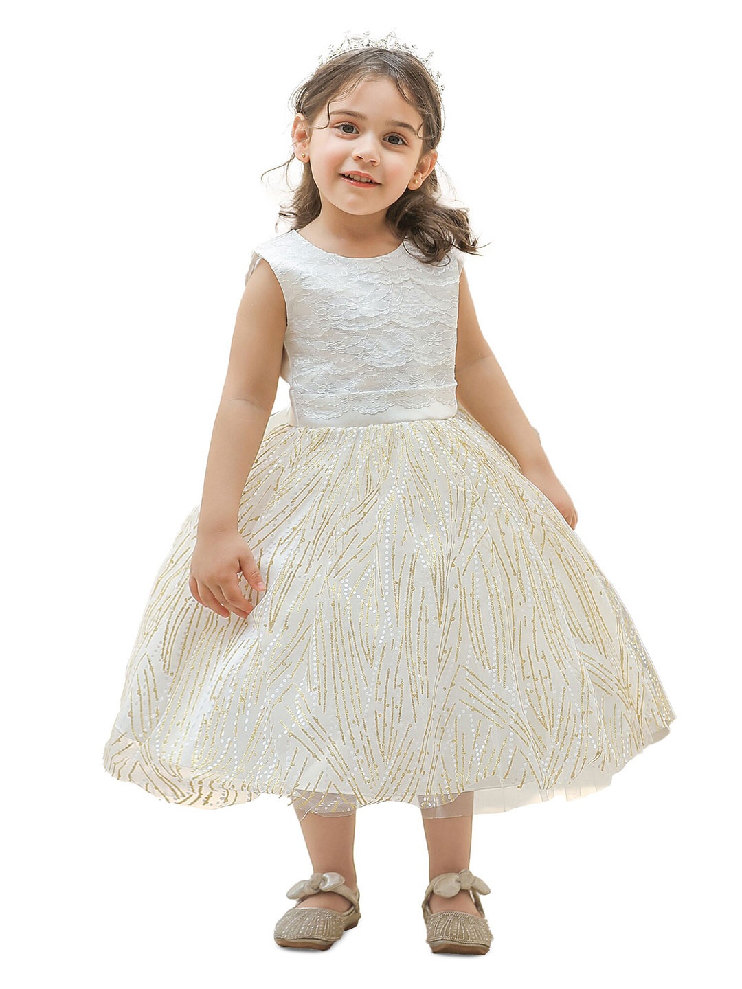 

StyleCast Girls Champagne Self Designed Round Neck Embellished Balloon Midi Dress
