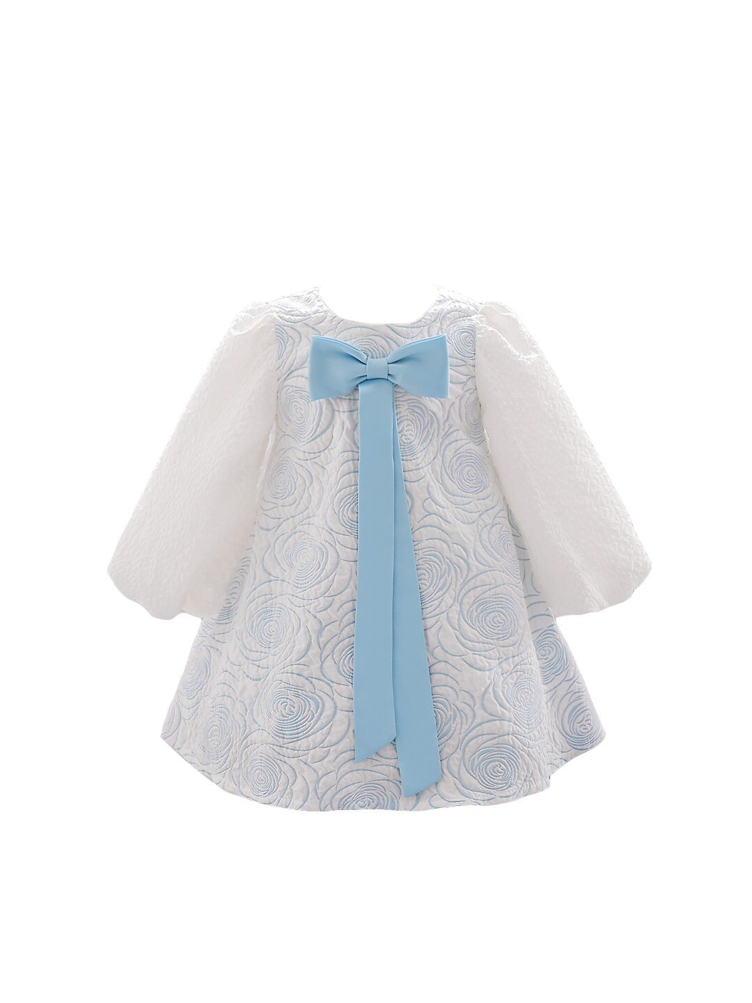 

StyleCast Blue & White Girls Self Design Puff Sleeves Bow Detail A-Line Dress