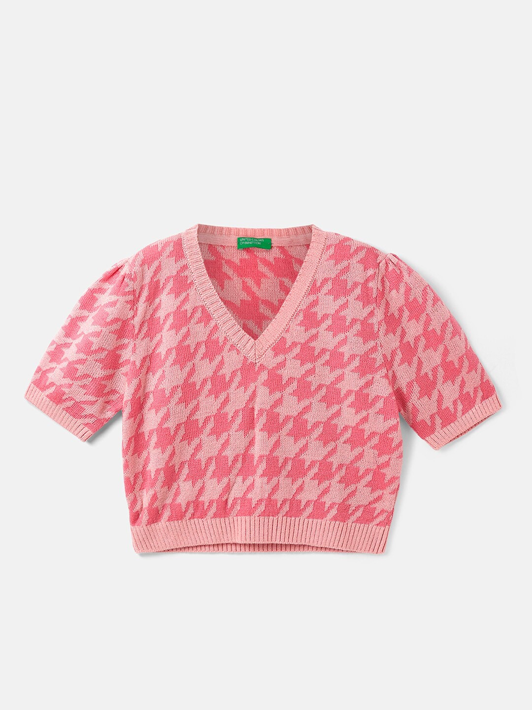 

United Colors of Benetton Girls Cropped Fit V-Neck Printed Pullover Sweater, Pink