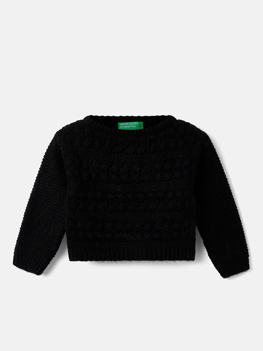 United Colors of Benetton Girls Cropped Fit Cable Knit Sweater, Black