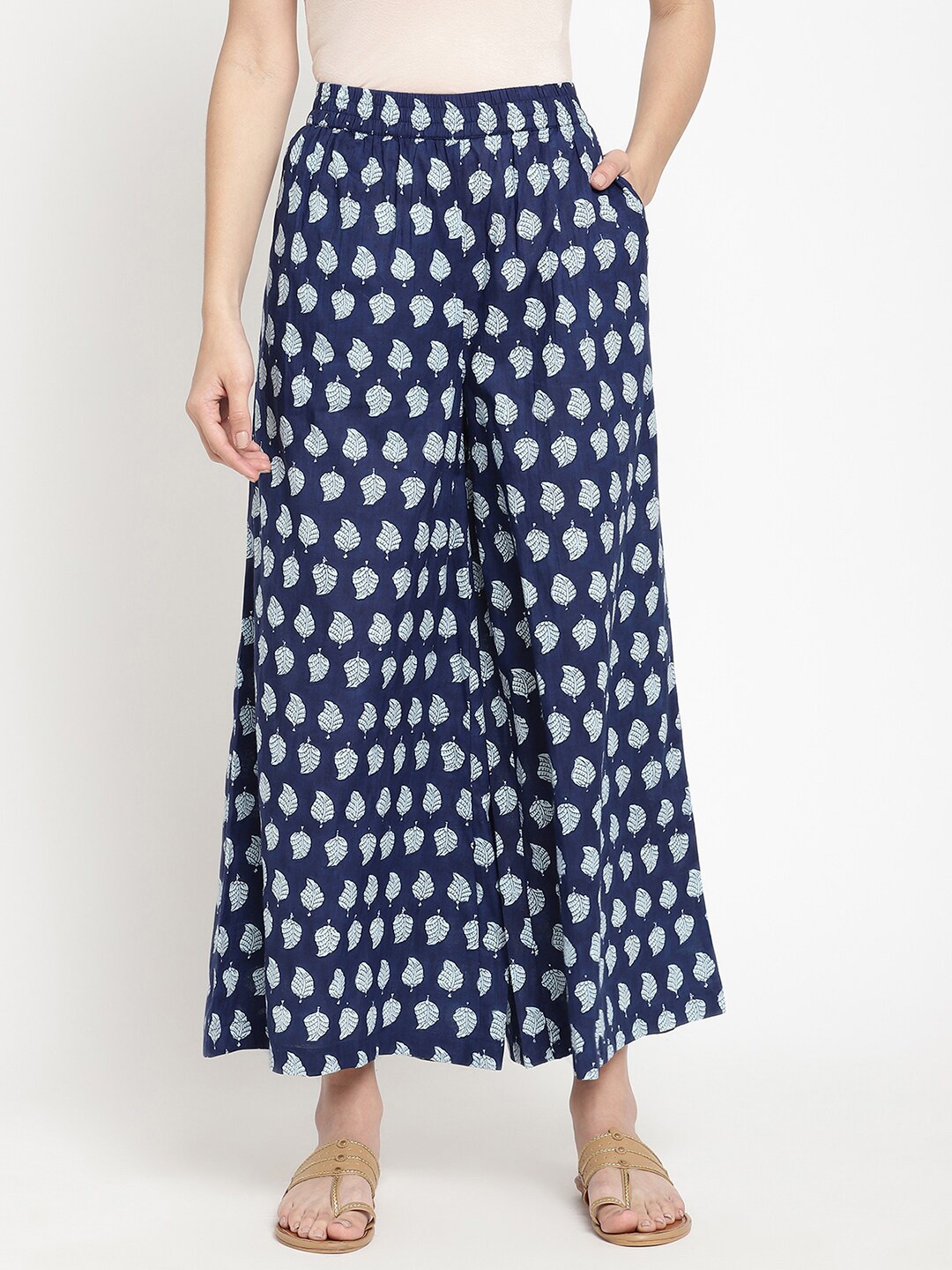 

SAVI Ethnic Motifs Printed Wide Leg Cotton Ethnic Palazzos, Navy blue