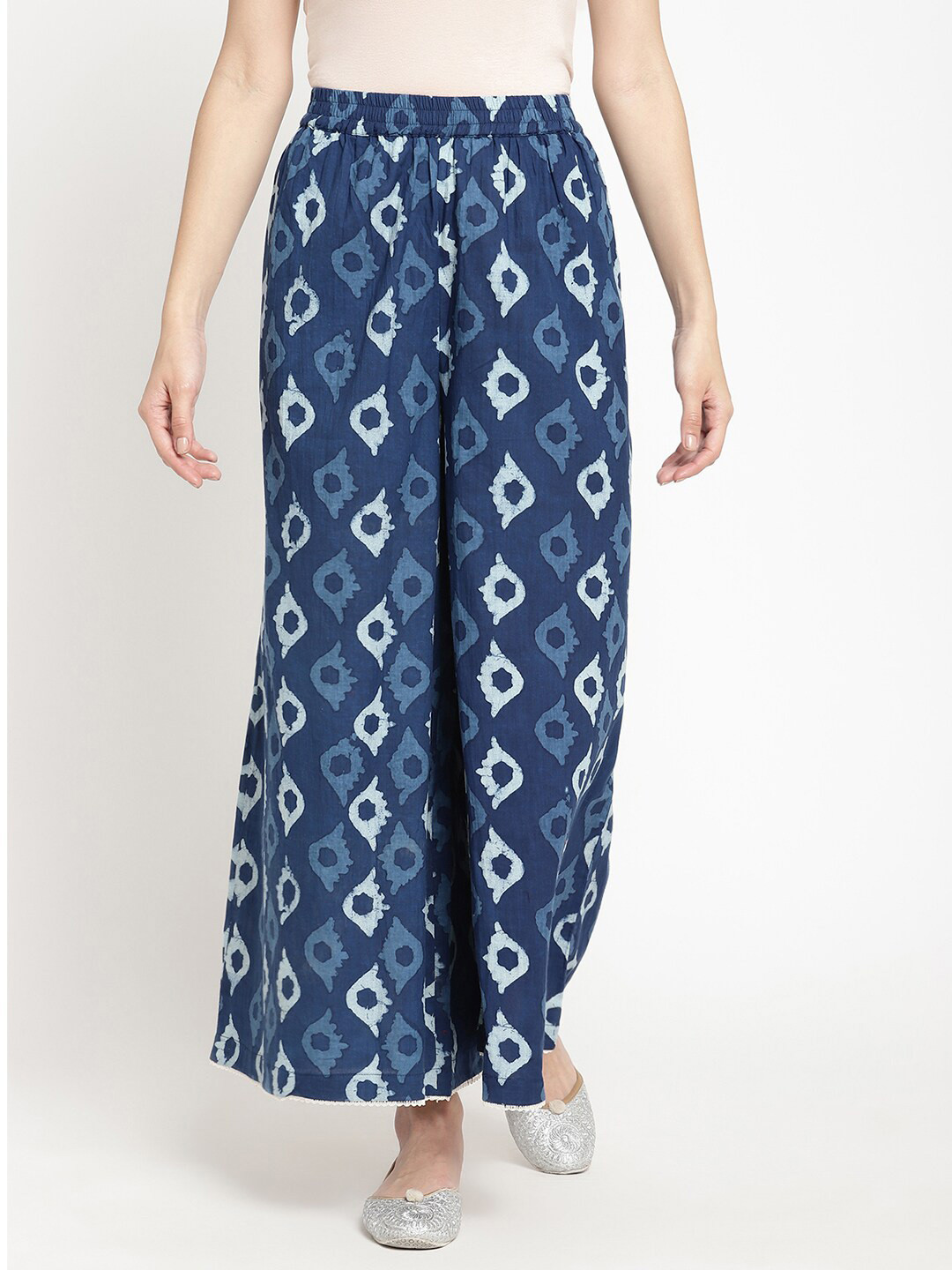 

SAVI Ethnic Motifs Printed Wide Leg Cotton Ethnic Palazzos, Navy blue