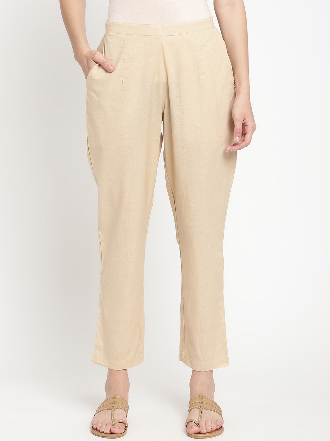 

SAVI Women Relaxed Straight Fit Cotton Trousers, Beige