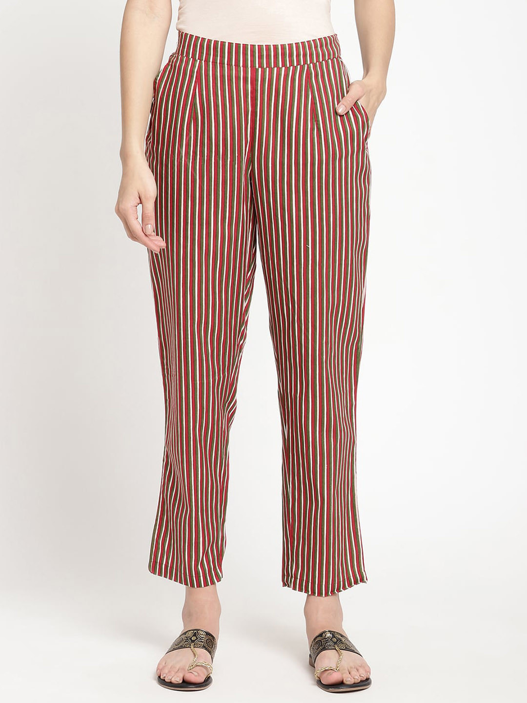 

SAVI Women Relaxed Straight Fit Striped Mid-Rise Cotton Trouser, Brown