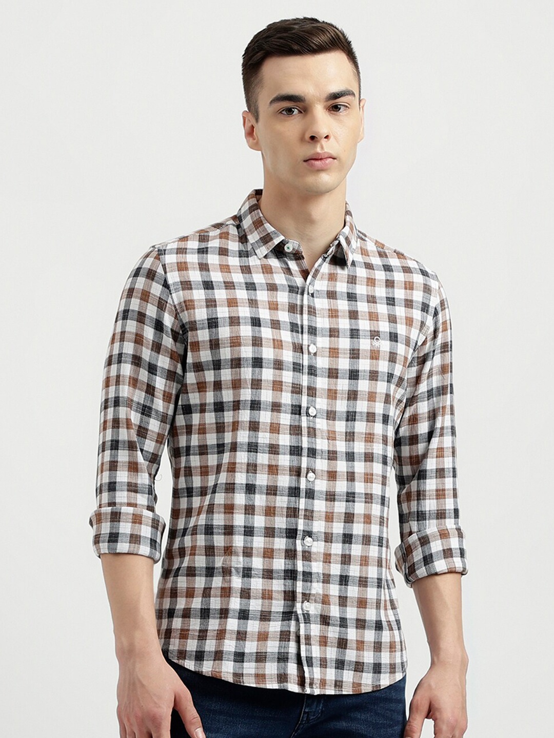 

United Colors of Benetton Slim Fit Checked Pure Cotton Casual Shirt, White