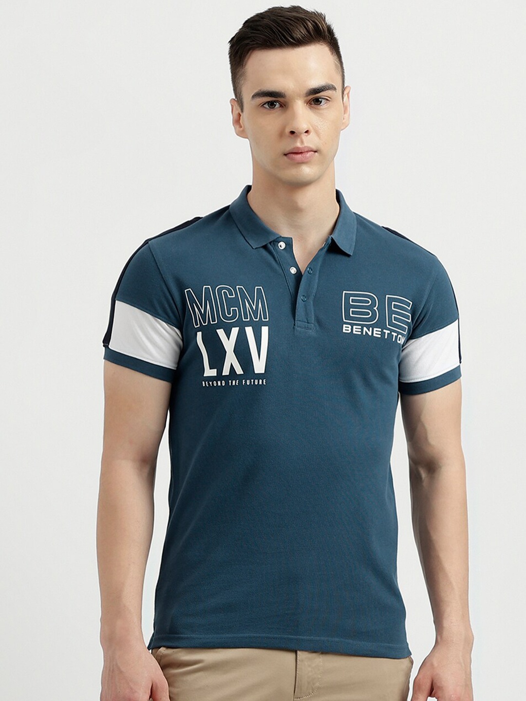 

United Colors of Benetton Typography Printed Polo Collar Pure Cotton T-shirt, Blue
