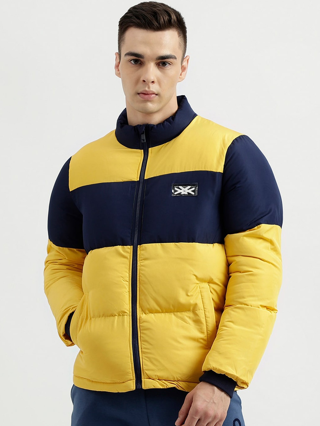 

United Colors of Benetton Mock Collar Colourblocked Puffer Jacket, Yellow