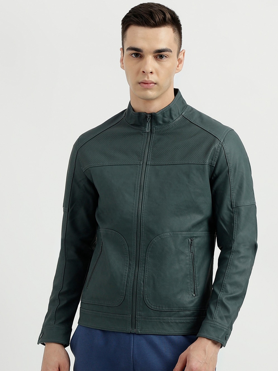 United Colors of Benetton Band Collar Textured Biker Jacket, Green