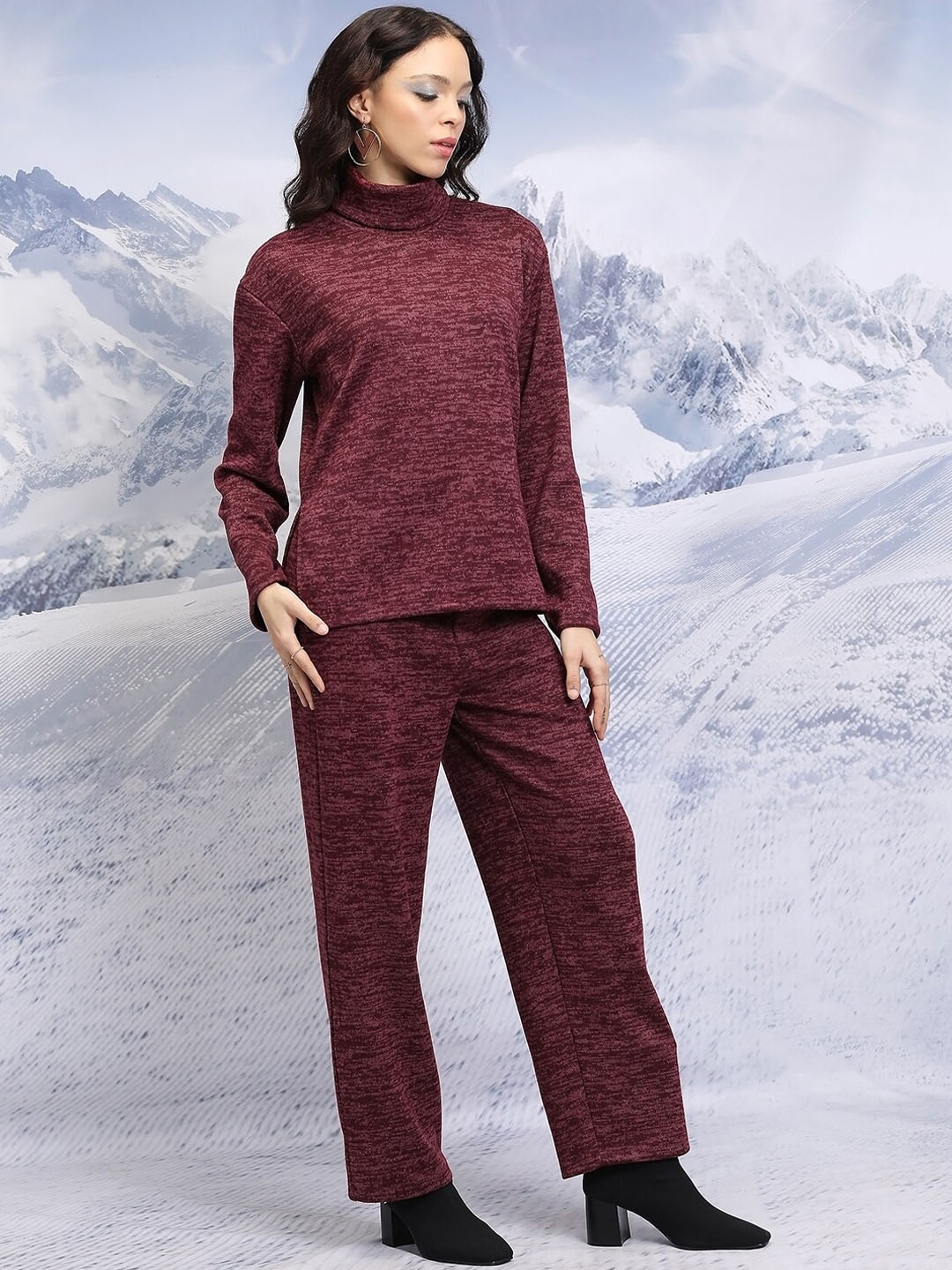 

Tokyo Talkies Oversized Sweater with Wide Leg Trousers, Maroon