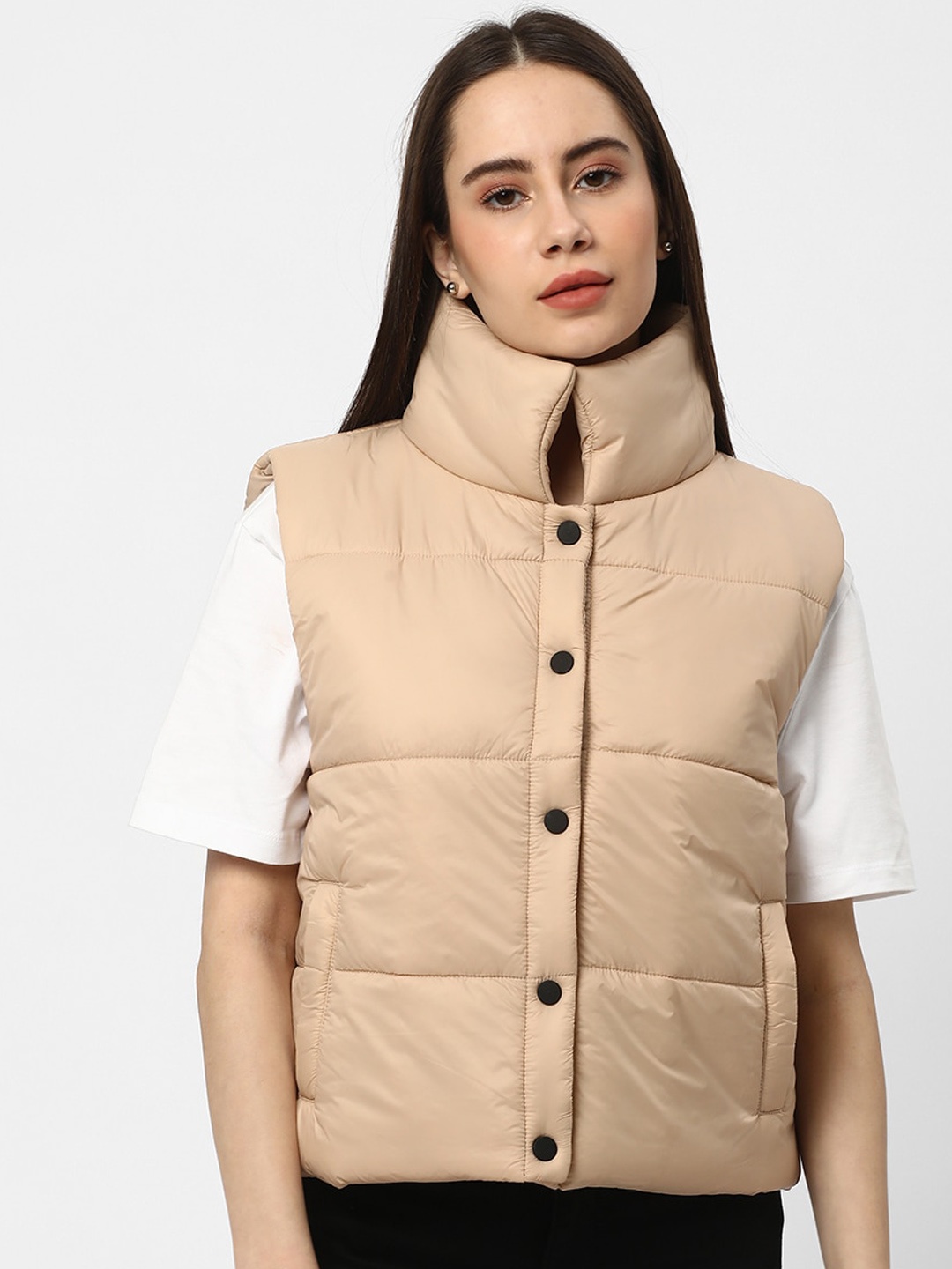 

R&B Mock Collar Sleeveless Puffer Jacket, Beige