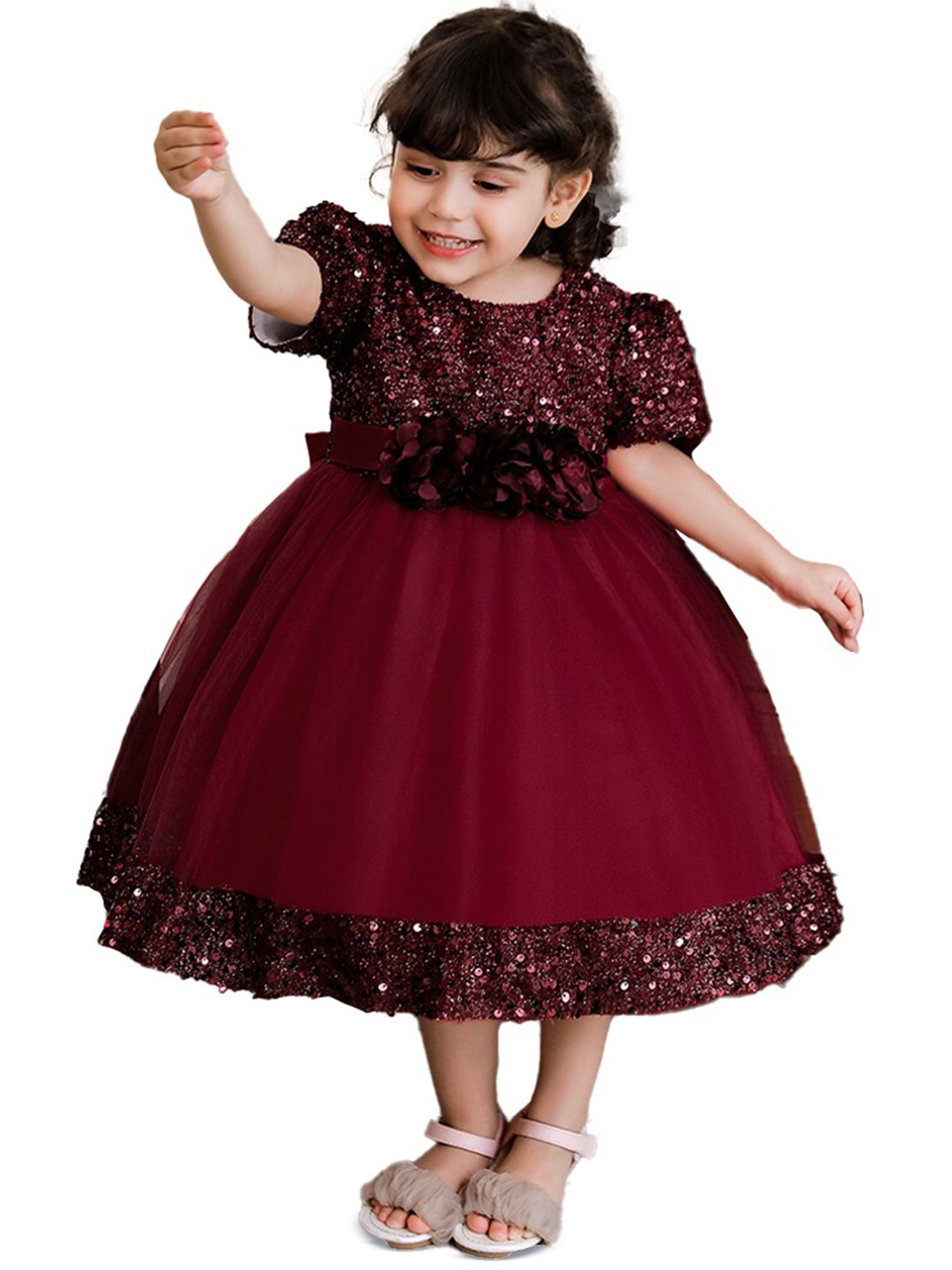 

StyleCast Maroon Girls Embellished Puff Sleeves Fit & Flare Midi Dress