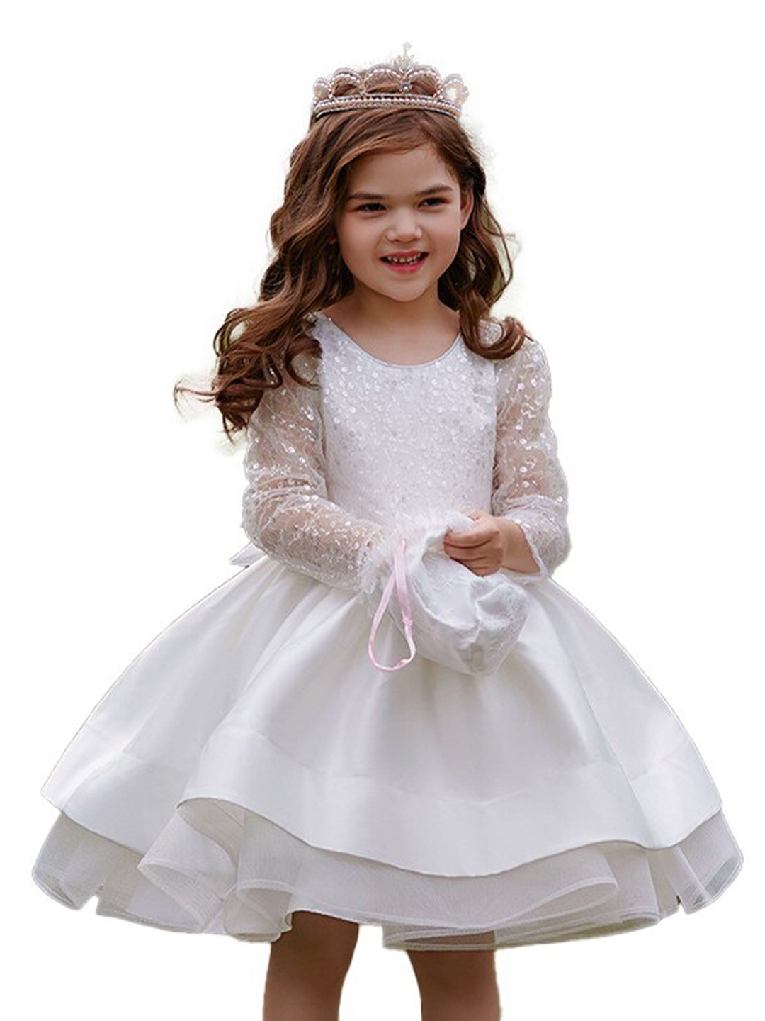 

StyleCast Girls White Sequin Embellished Puff Sleeves Bow Detailed Fit & Flare Dress