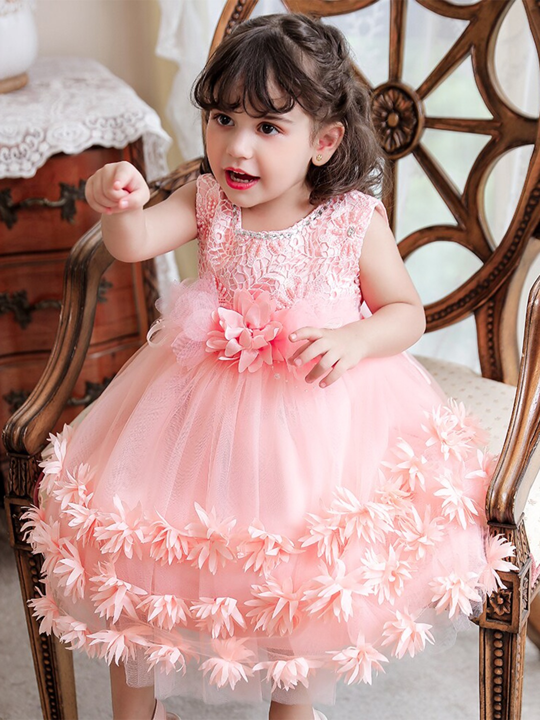 

StyleCast Girls Pink Self Design Layered Balloon Midi Dress