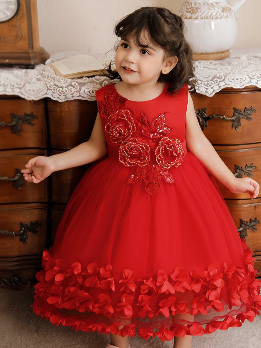 

StyleCast Girls Red Floral Self Design Maxi Dress