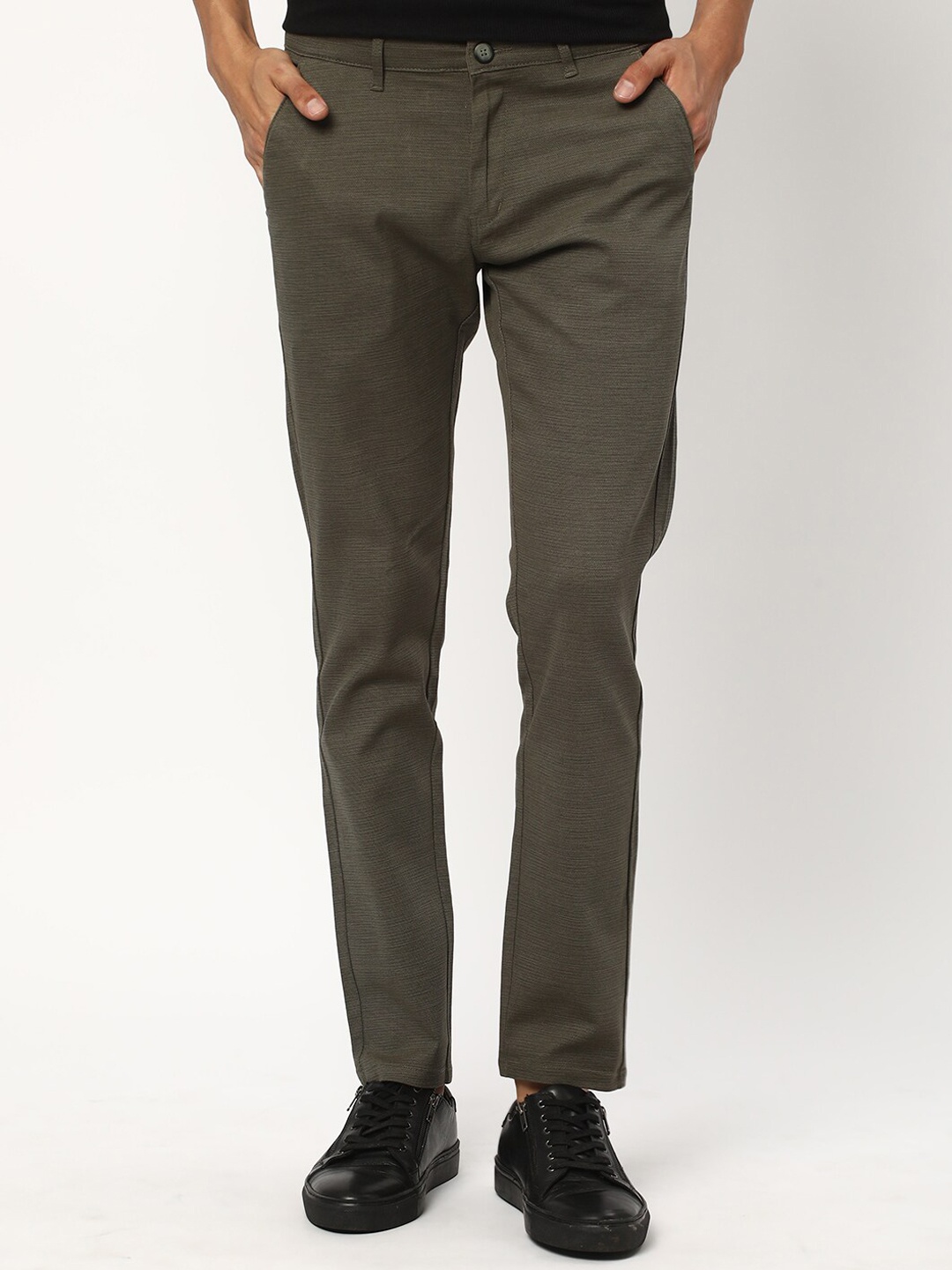 

R&B Men Slim Fit Mid-Rise Cotton Regular Trousers, Olive