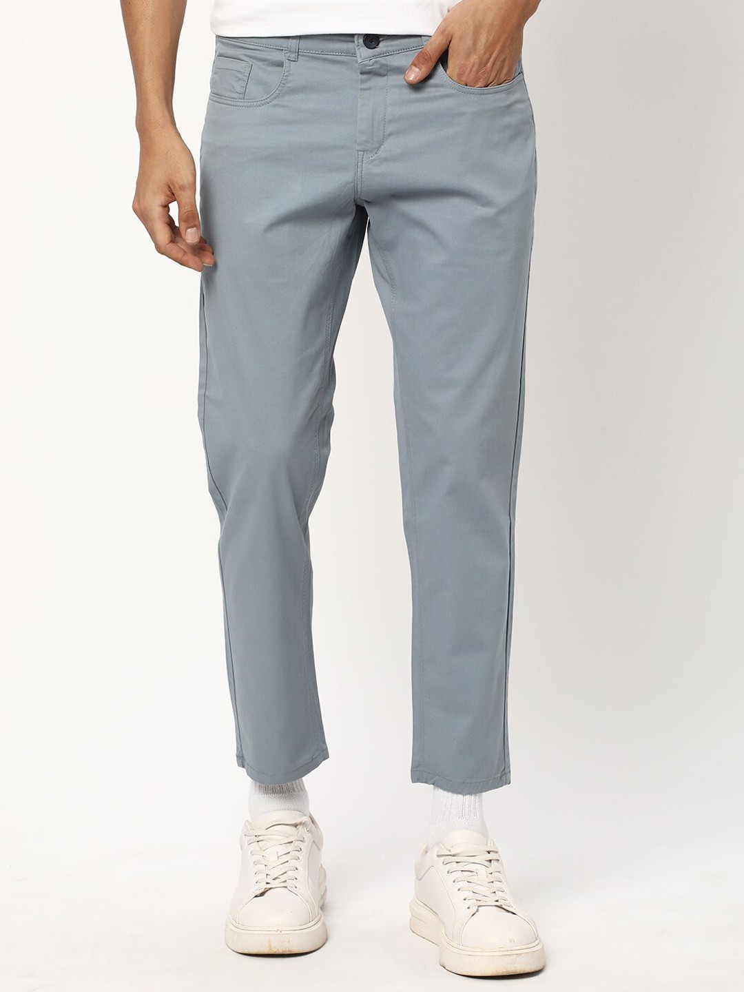 

R&B Men Slim Fit Mid-Rise Cotton Regular Trousers, Blue