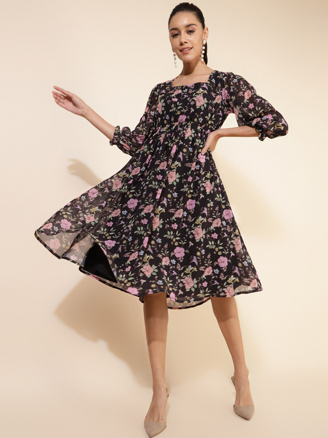 

Janasya Floral Printed Square Neck Puff Sleeve Georgette Fit & Flare Dress, Black