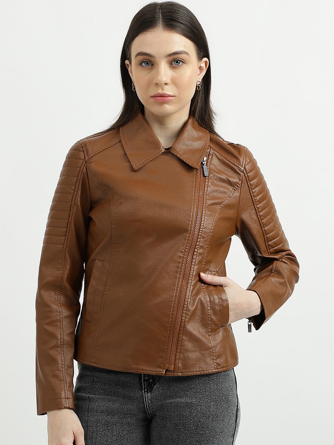 

United Colors of Benetton Spread Collar Biker Jacket, Brown