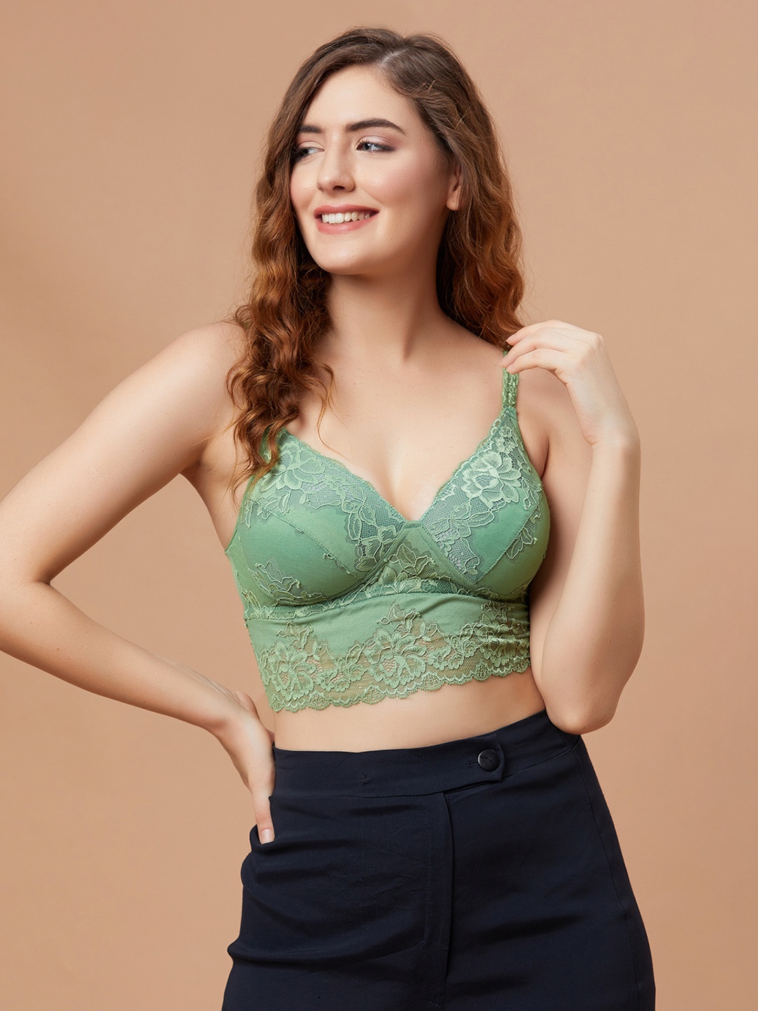 

Clovia Laced Non-Wired Full Coverage Lightly Padded Bralette Bra With All Day Comfort, Green