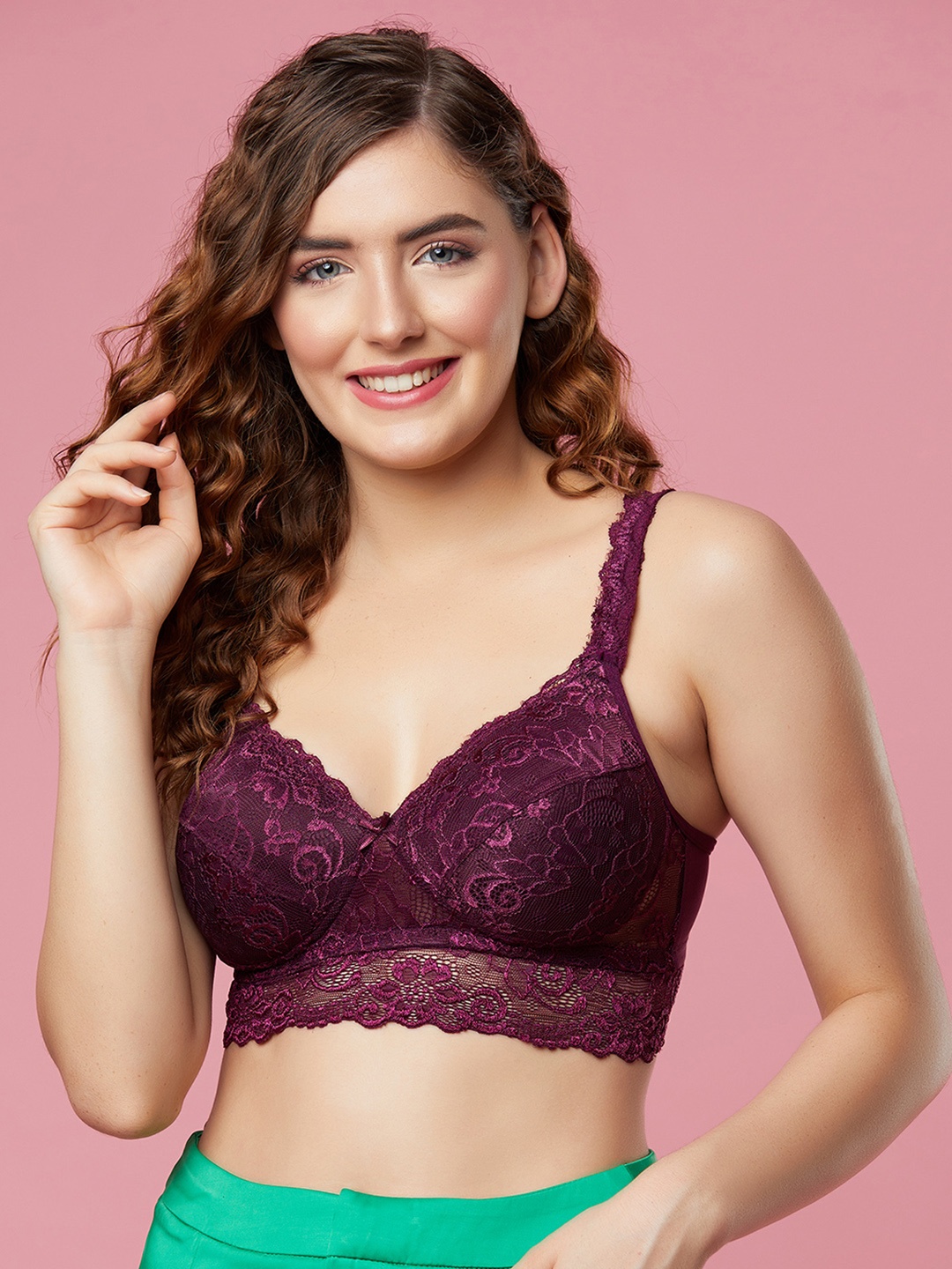 

Clovia Laced Non-Wired Full Coverage Lightly Padded Bralette Bra With All Day Comfort, Purple