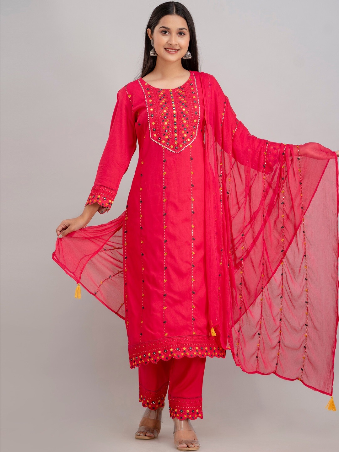 

Charu Floral Embroidered Mirror Work Regular Kurta with Trousers With Dupatta, Pink